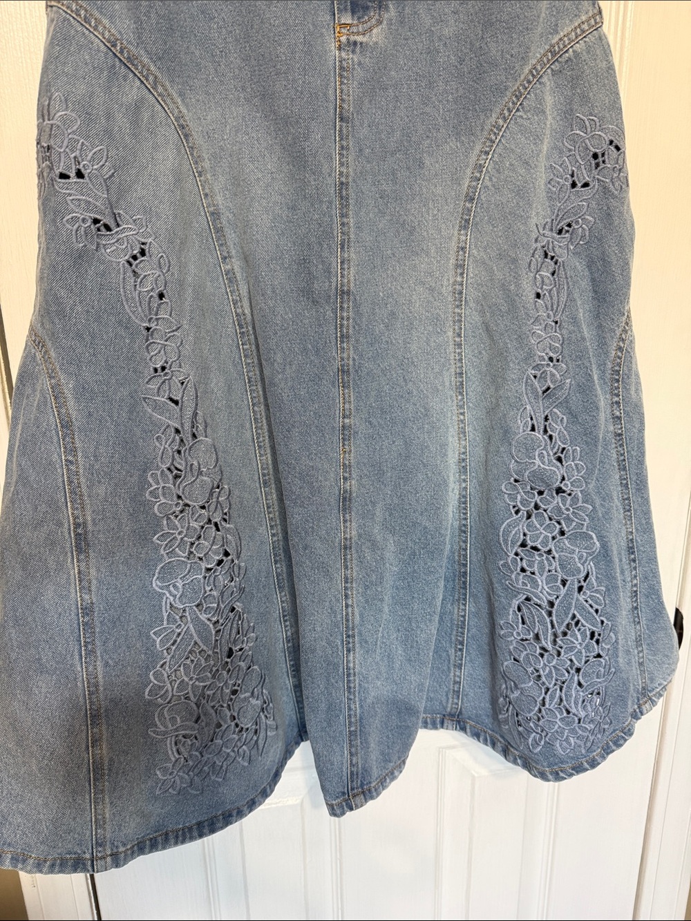 Chloe Light Blue Denim Maxi Skirt Floral Cutwork Boho Designer 100% Cotton Small